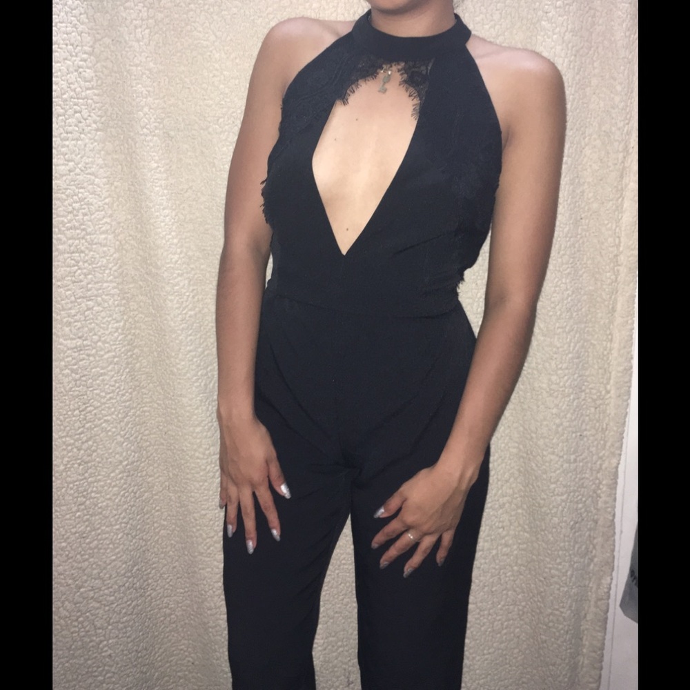 Express Jumpsuit Deep V Neck & Lace - STUNNING!
